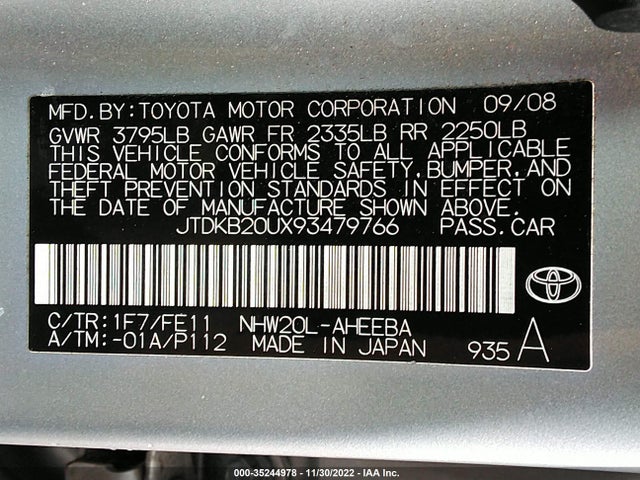 2009 TOYOTA PRIUS VIN: JTDKB20UX93479766