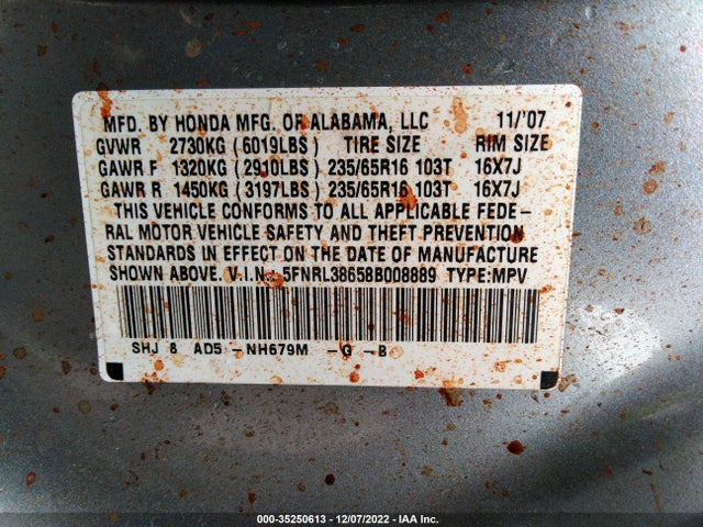2008 HONDA ODYSSEY EX-L VIN: 5FNRL38658B008889