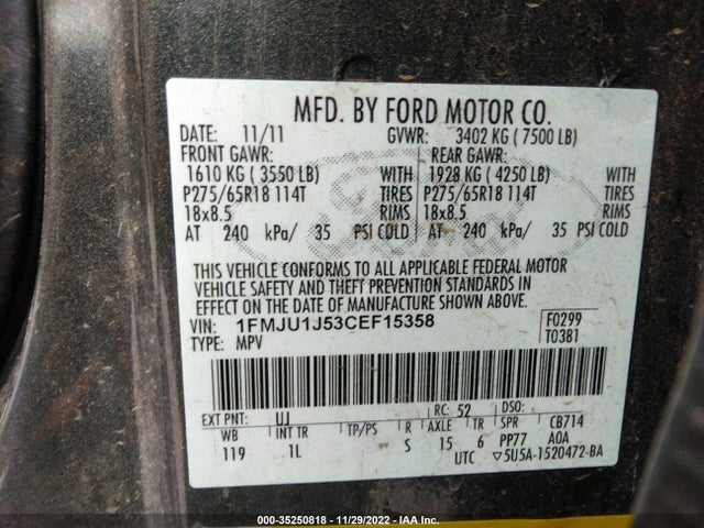 2012 FORD EXPEDITION VIN: 1FMJU1J53CEF15358