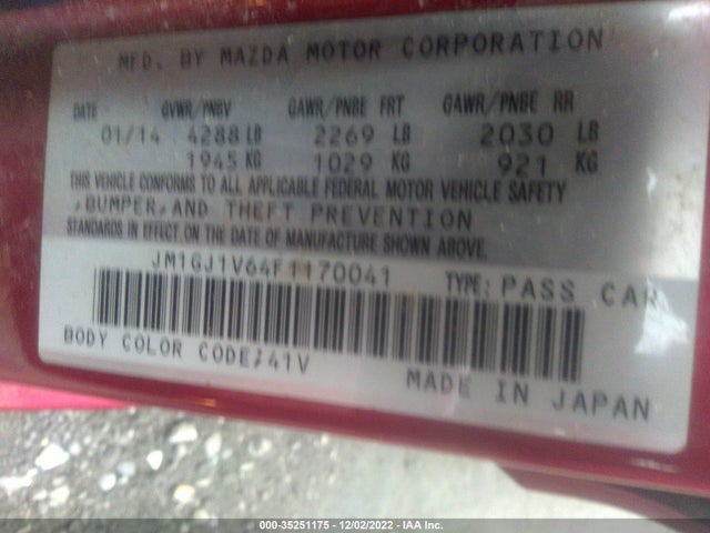 2015 MAZDA MAZDA6 I TOURING VIN: JM1GJ1V64F1170041