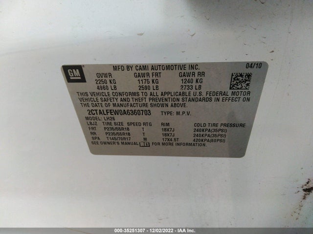2010 GMC TERRAIN SLT-1 VIN: 2CTALFEW0A6360703