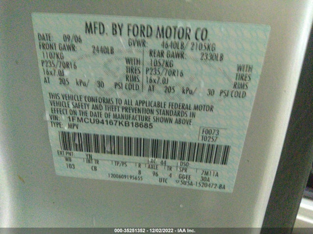 2007 FORD ESCAPE LIMITED VIN: 1FMCU94167KB18685