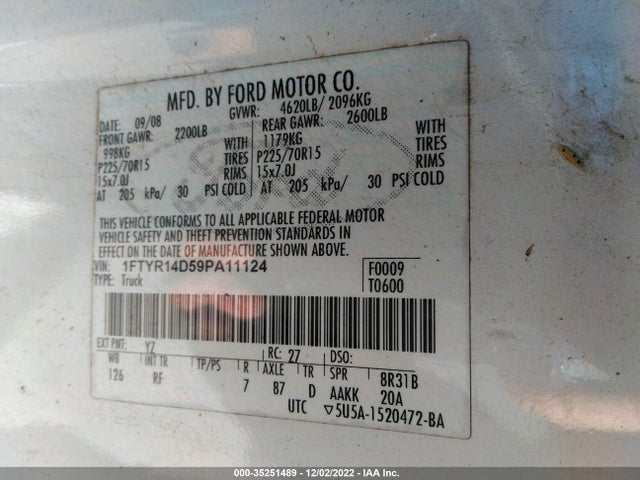 2009 FORD RANGER XL/XLT VIN: 1FTYR14D59PA11124