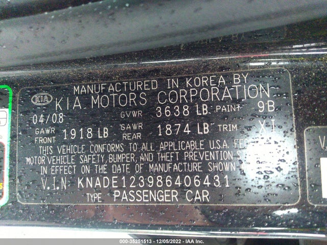 2008 KIA RIO LX VIN: KNADE123986406431