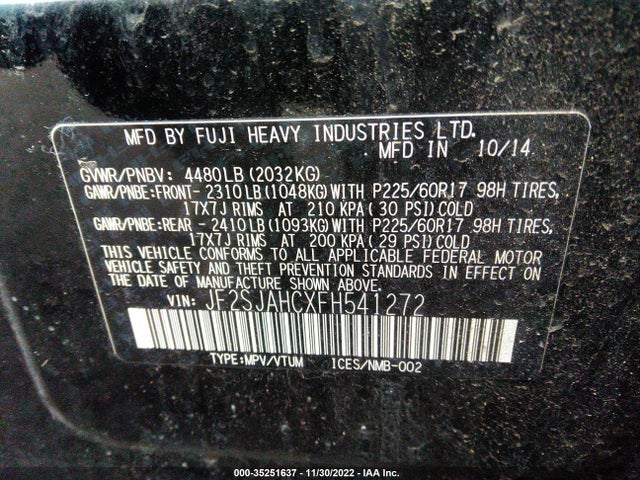2015 SUBARU FORESTER 2.5I LIMITED VIN: JF2SJAHCXFH541272