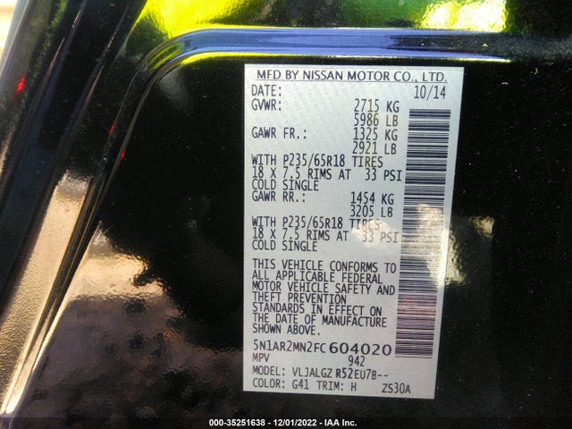 2015 Nissan Pathfinder, VIN: 5N1AR2MN2FC604020