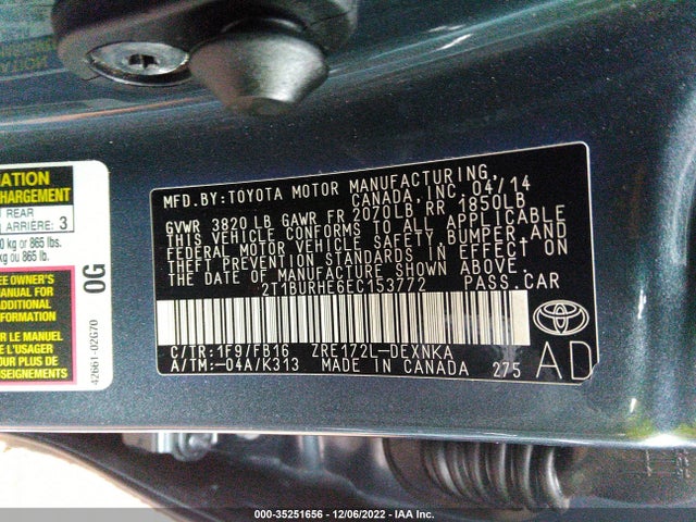 2014 TOYOTA COROLLA LE VIN: 2T1BURHE6EC153772