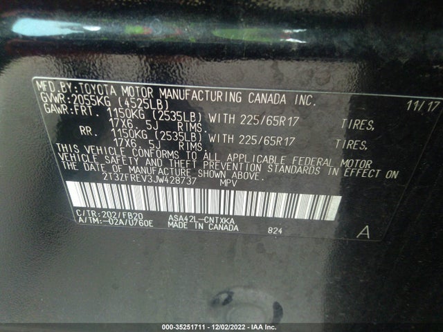 2018 TOYOTA RAV4 LE VIN: 2T3ZFREV3JW428737