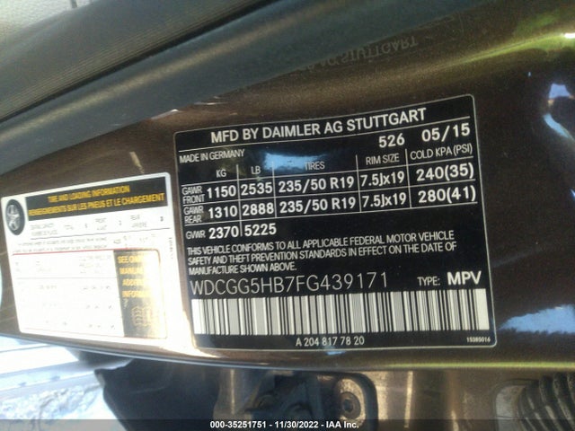 2015 Mercedes-Benz GLK-Class, VIN: WDCGG5HB7FG439171