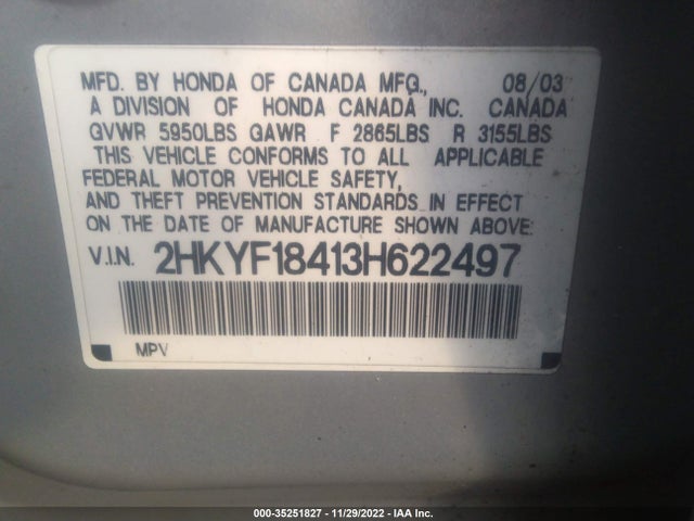 2003 HONDA PILOT EX VIN: 2HKYF18413H622497
