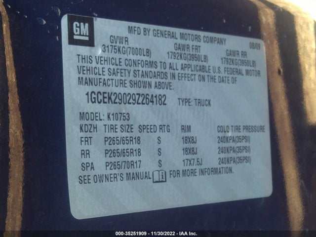 2009 CHEVROLET SILVERADO 1500 LT VIN: 1GCEK29029Z264182
