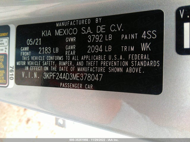 2021 KIA FORTE LXS VIN: 3KPF24AD3ME378047