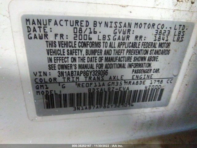2016 NISSAN SENTRA S VIN: 3N1AB7AP8GY329096