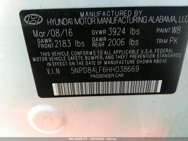 2017 HYUNDAI ELANTRA SE VIN: 5NPD84LF6HH038669