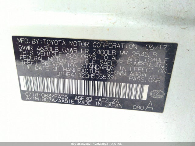 2017 Lexus IS, VIN: JTHBA1D20H5055391