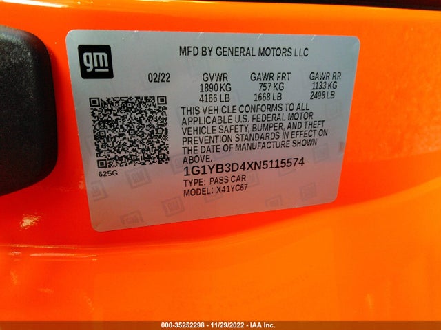 2022 Chevrolet Corvette, VIN: 1G1YB3D4XN5115574