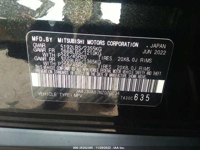 JA4J3UA87NZ070034 Mitsubishi Outlander Se