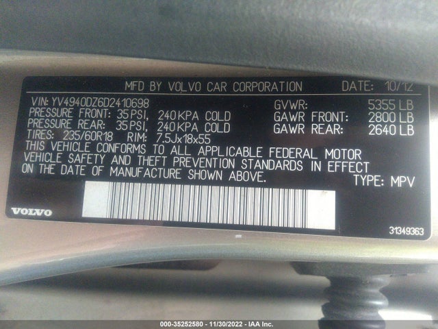 2013 VOLVO XC60 3.2L VIN: YV4940DZ6D2410698