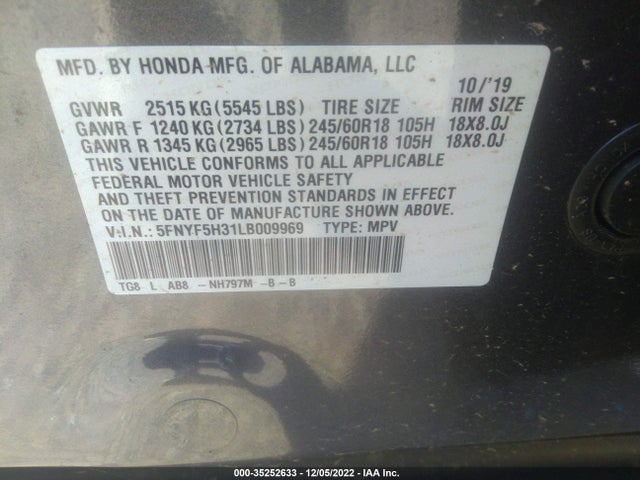 2020 Honda Pilot, VIN: 5FNYF5H31LB009969