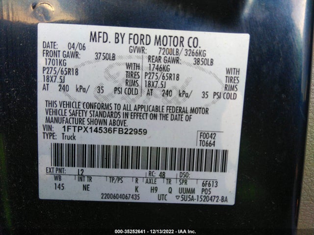 2006 FORD F-150 XLT/LARIAT/FX4/XL VIN: 1FTPX14536FB22959