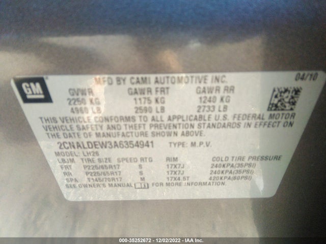 2010 CHEVROLET EQUINOX LT W/1LT VIN: 2CNALDEW3A6354941