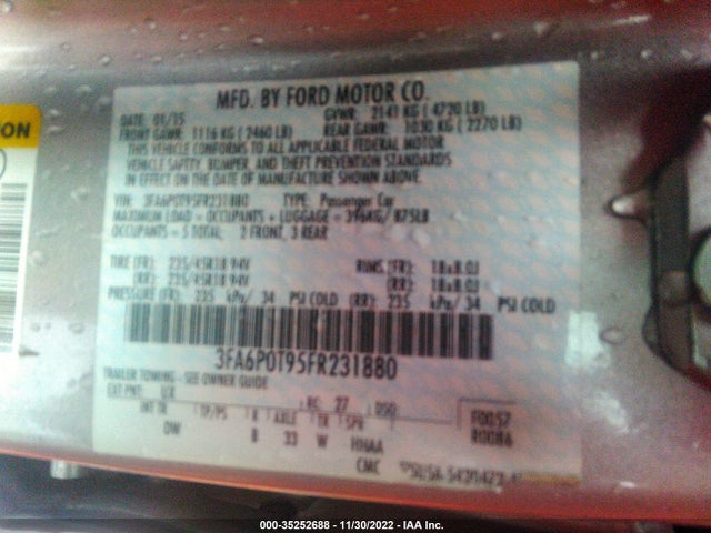 2015 FORD FUSION SE VIN: 3FA6P0T95FR231880