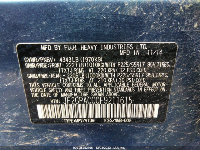 2015 SUBARU XV CROSSTREK PREMIUM VIN: JF2GPACC0F9211615