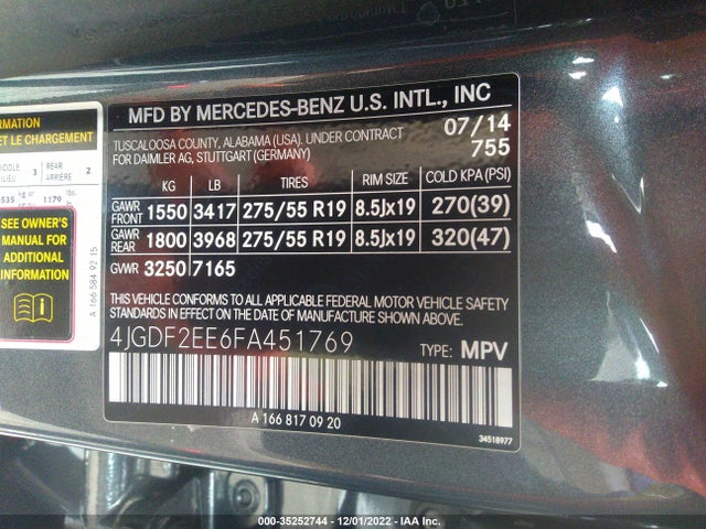 2015 Mercedes-Benz GL-Class, VIN: 4JGDF2EE6FA451769