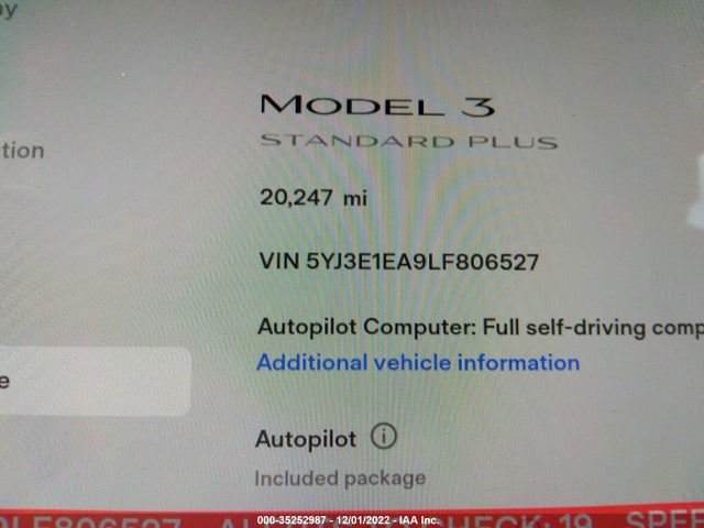 Tesla Model 3 Standard Range 2020 5YJ3E1EA9LF806527 Image 11