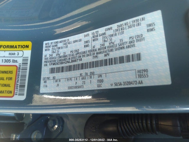 2022 FORD BRONCO BASE/BIG BEND VIN: 1FMDE5BH2NLB88718