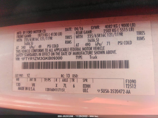2016 Ford Transit, VIN: 1FTYR1ZM3GKB09300