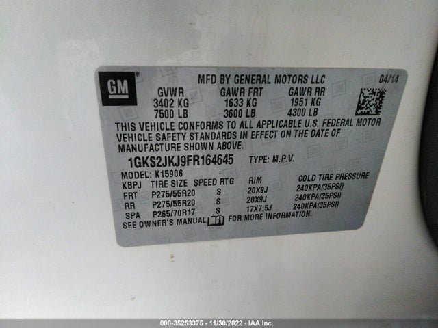GMC YUKON XL DENALI 2015 1GKS2JKJ9FR164645 Image 9