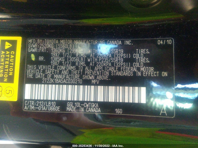 2010 LEXUS RX 350 VIN: 2T2ZK1BA5AC030210