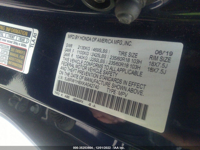 2019 Honda CR-V, VIN: 5J6RW1H8XKA042740