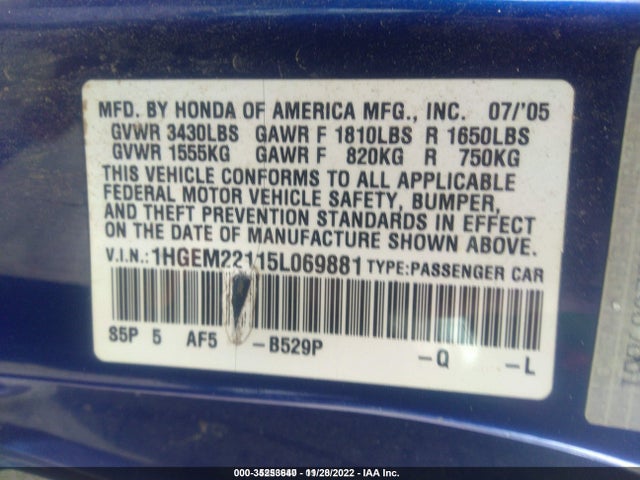 2005 HONDA CIVIC CPE VP VIN: 1HGEM22115L069881