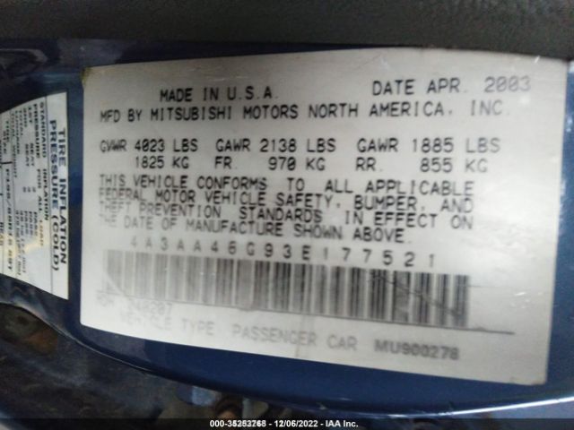 2003 MITSUBISHI GALANT 4A3AA46G93E177521 Photo 8