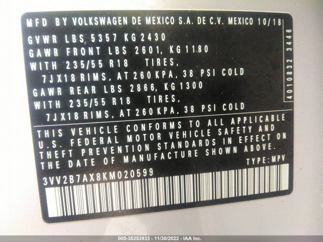 2019 Volkswagen Tiguan, VIN: 3VV2B7AX8KM020599