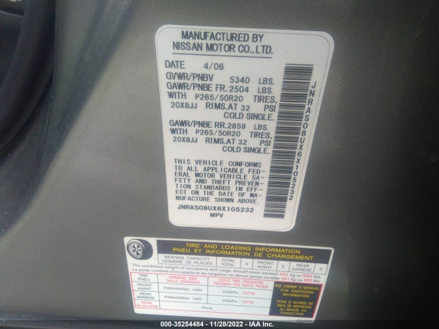 2006 INFINITI FX35 VIN: JNRAS08UX6X105232
