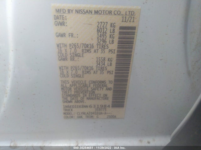 2022 Nissan Frontier, VIN: 1N6ED1EK8NN631984