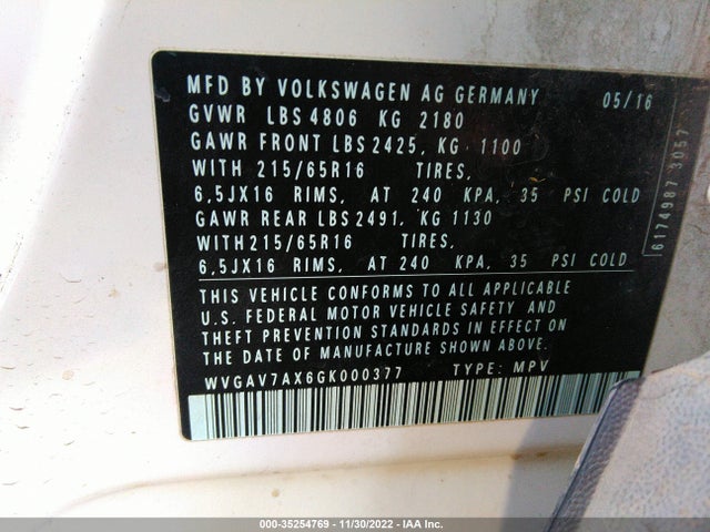 2016 Volkswagen Tiguan, VIN: WVGAV7AX6GK000377