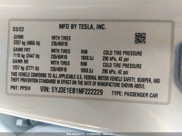 Tesla Model 3 Long Range 2022 5YJ3E1EB1NF222229 Image 9
