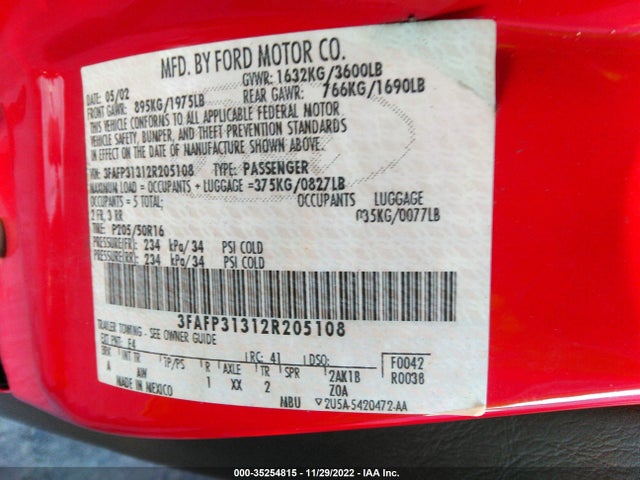 2002 FORD FOCUS ZX3 VIN: 3FAFP31312R205108
