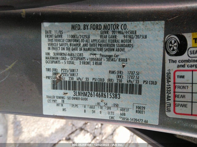 2006 LINCOLN ZEPHYR VIN: 3LNHM26146R615383
