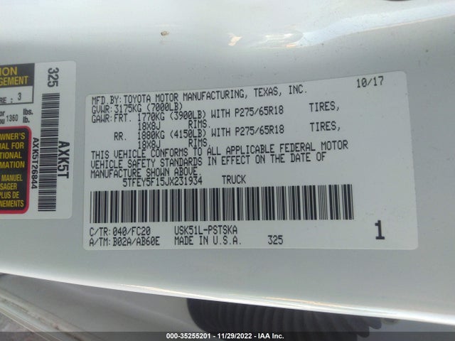 2018 Toyota Tundra, VIN: 5TFEY5F15JX231934