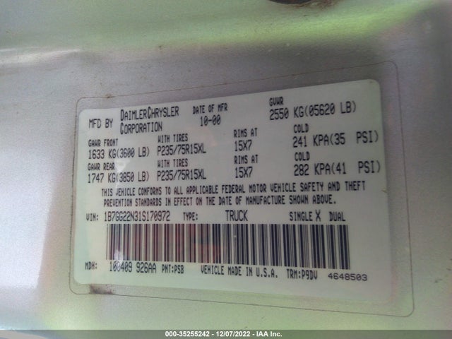 Dodge Dakota Sport/slt 2001 1B7GG22N31S170972 Image 10