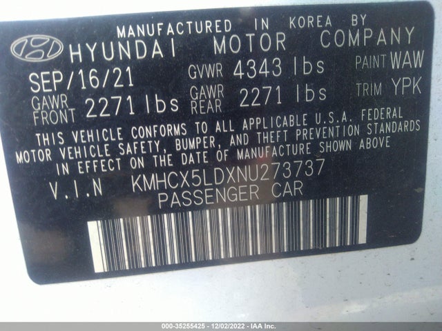 2022 Hyundai Ioniq, VIN: KMHCX5LDXNU273737