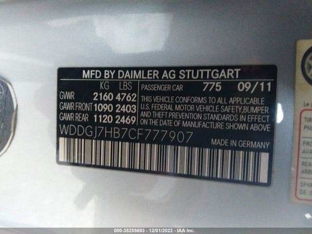 2012 MERCEDES-BENZ C-CLASS C 63 AMG VIN: WDDGJ7HB7CF777907