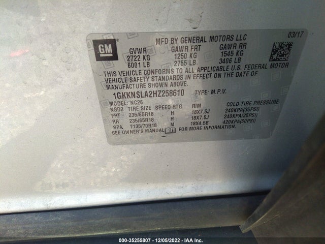 GMC ACADIA SLE 2017 1GKKNSLA2HZ258610 Image 9