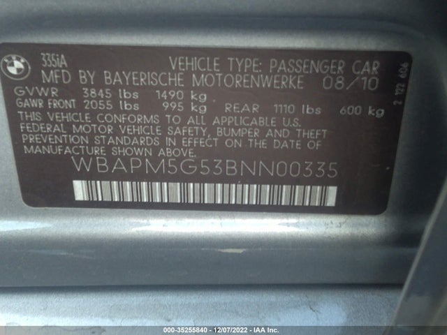 2011 BMW 3 SERIES 335I VIN: WBAPM5G53BNN00335