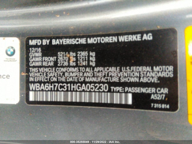 2017 BMW 6 Series, VIN: WBA6H7C31HGA05230